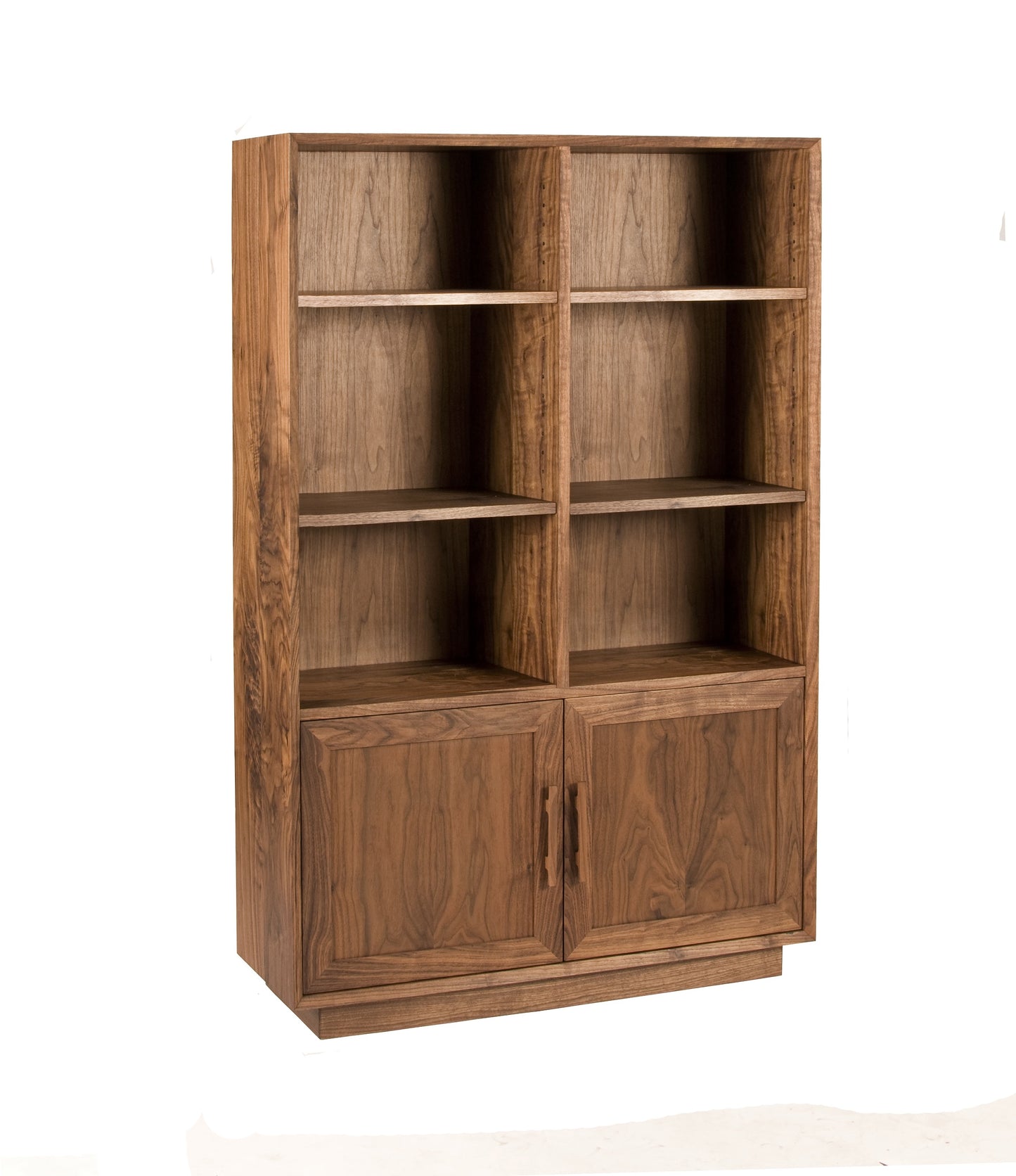 A tall wooden bookcase with a warm Walnut finish, featuring six open shelves on the upper section and two cabinet doors on the lower section, shown against a plain white background.