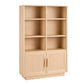 A tall wooden bookcase with a light Maple finish, featuring six open shelves on the upper section and two cabinet doors on the lower section, shown against a plain white background.