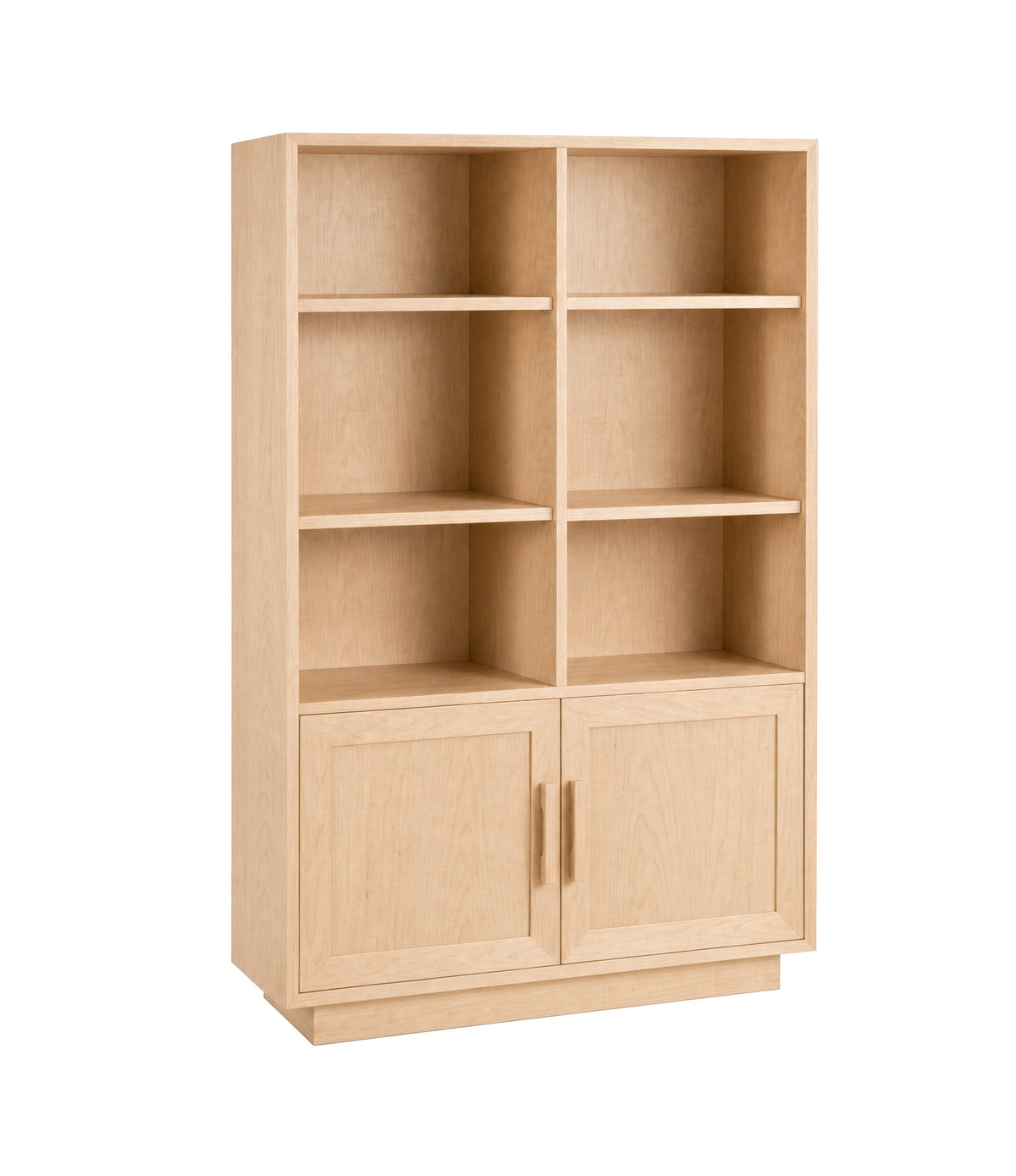 A tall wooden bookcase with a light Maple finish, featuring six open shelves on the upper section and two cabinet doors on the lower section, shown against a plain white background.