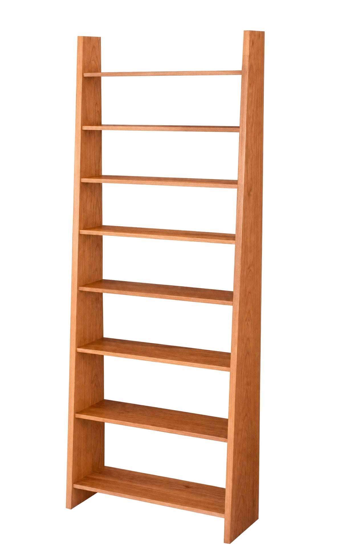 A tall, narrow wooden bookcase with eight shelves, shown at a slight angle on a plain white background.