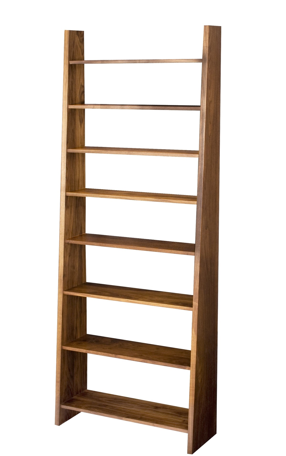 A tall, narrow wooden bookcase with eight shelves, shown from a three-quarter angle on a plain white background.