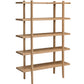 A five-tier wooden bookshelf with a natural oak finish, featuring a minimalist design with tapered legs and open shelving, shown on a solid white background.