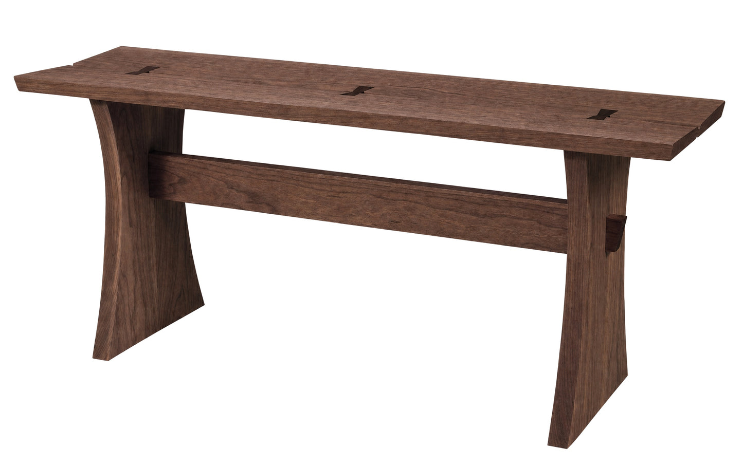 Small wood bench in dark Walnut tones. Includes dark contrasting wood butterflies on the top. Featured on a white background.