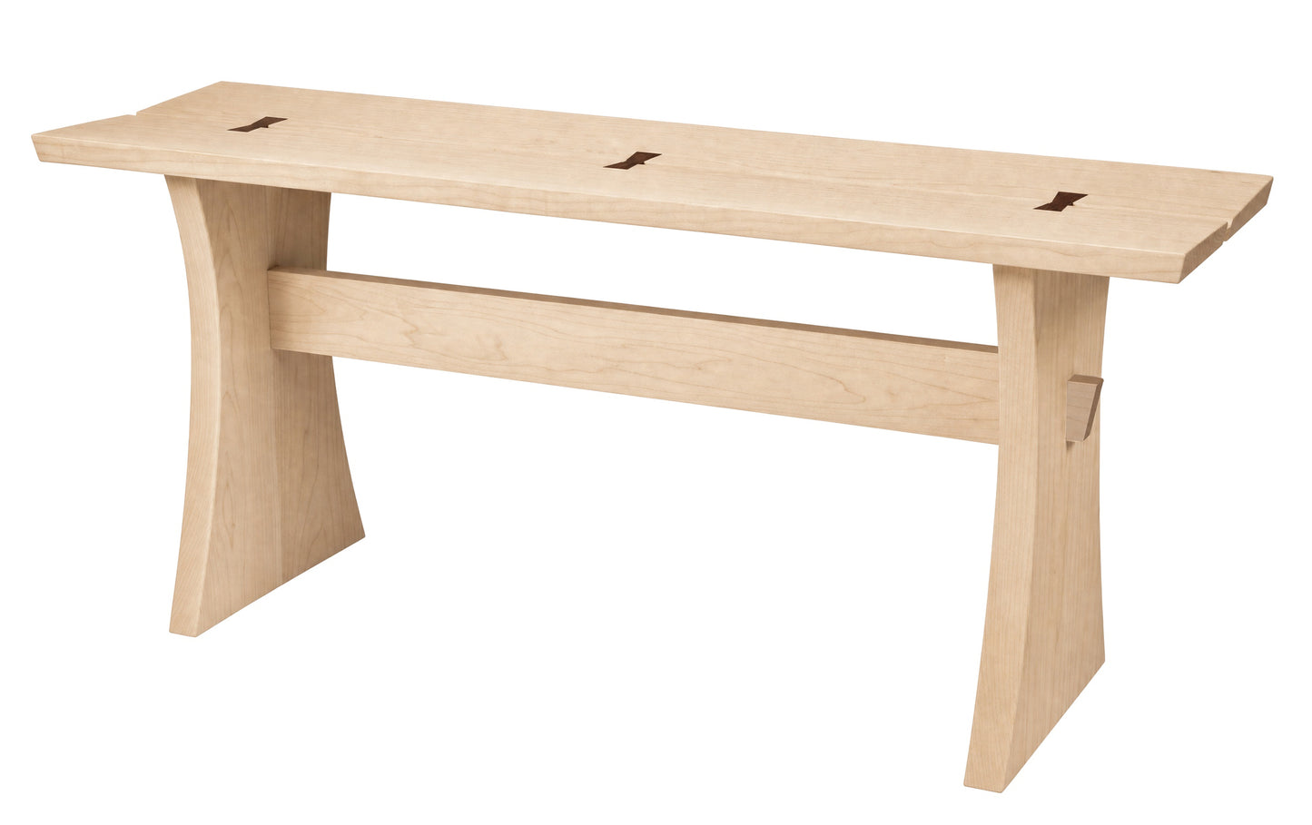A light natural wood bench with a minimalist design, featuring a thick rectangular seat, a central support beam, and curved legs, shown on a solid white background.