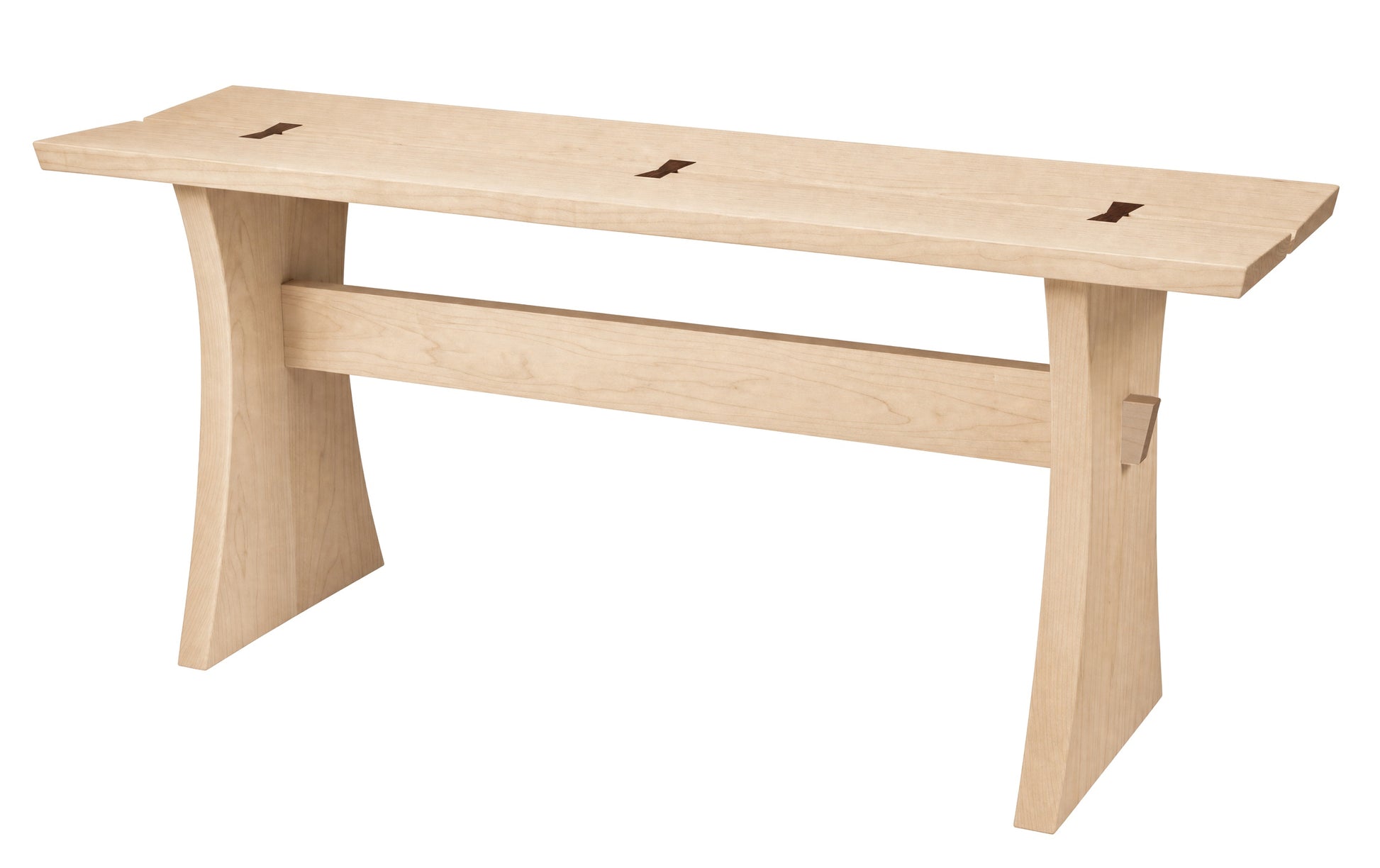 A light natural wood bench with a minimalist design, featuring a thick rectangular seat, a central support beam, and curved legs, shown on a solid white background.