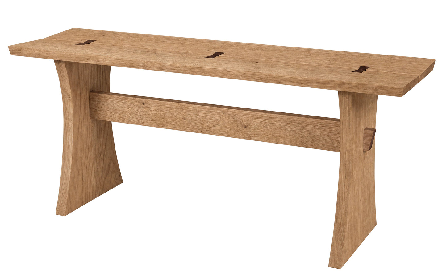 A rustic wooden console table with a thick rectangular top, angled legs, and a central support beam, shown on a plain white background.