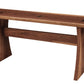 Small wood bench in dark Walnut tones. Includes dark contrasting wood butterflies on the top. Featured on a white background.