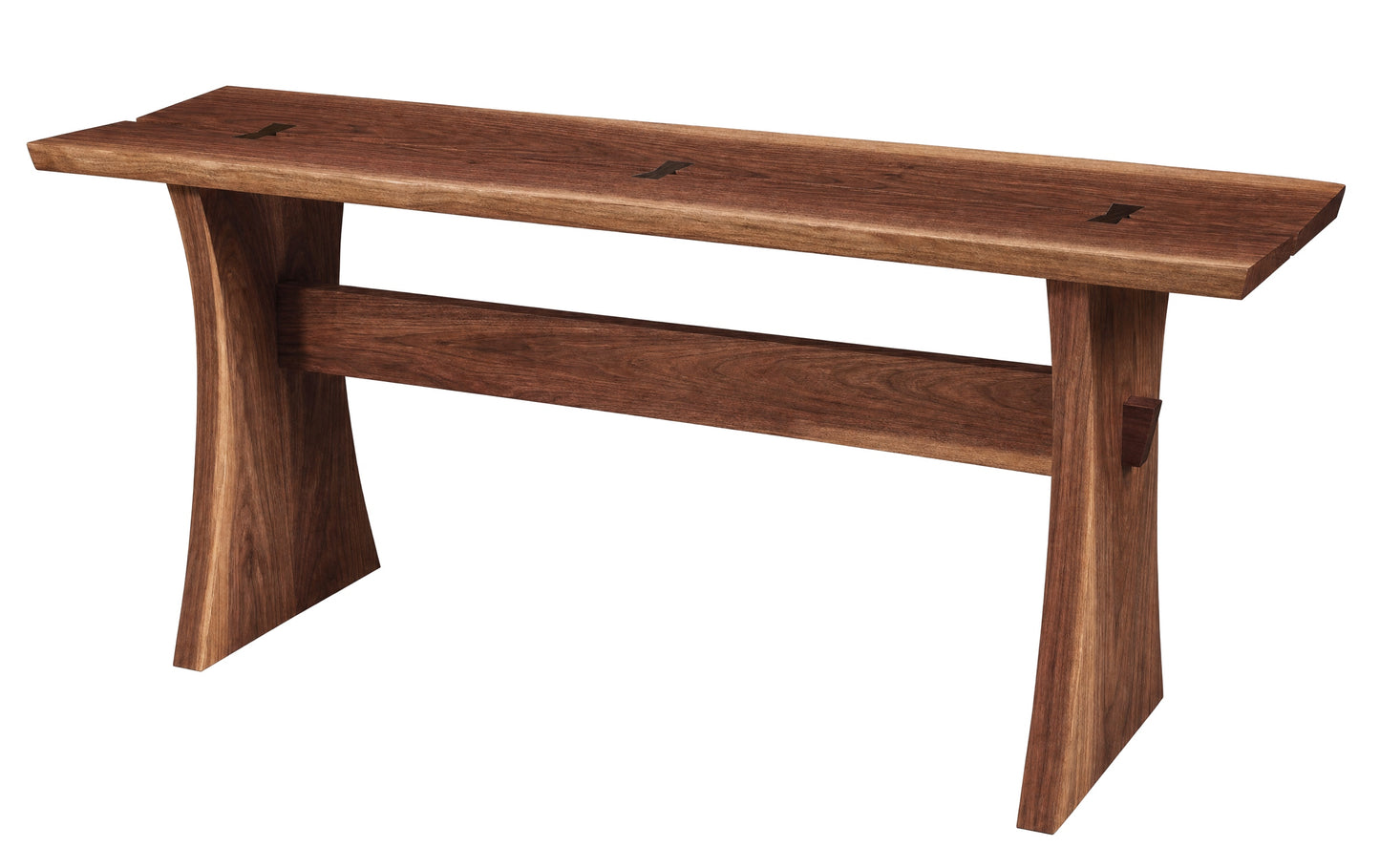 Small wood bench in dark Walnut tones. Includes dark contrasting wood butterflies on the top. Featured on a white background.