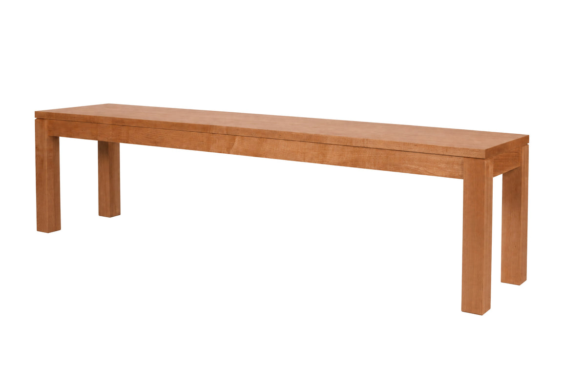 A minimalist wooden bench with a warm medium-brown finish, featuring a rectangular seat and four sturdy legs, isolated on a white background.