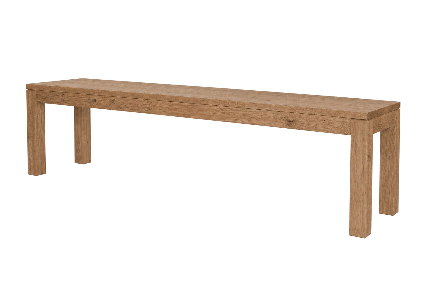 A long rectangular wooden bench with a natural oak finish, featuring four sturdy legs, shown against a plain white background.