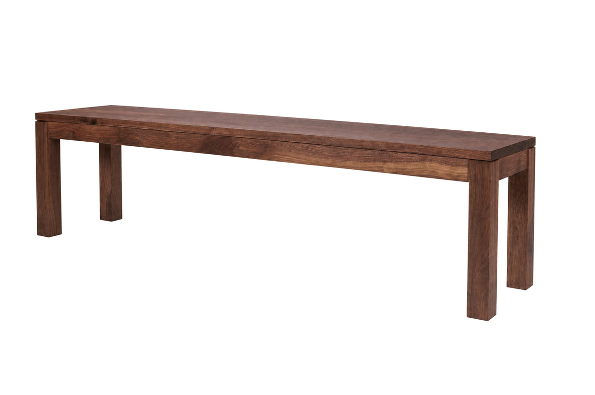 A dark brown wooden bench with a rectangular seat and four sturdy legs, shown from a three-quarters angle on a solid white background.