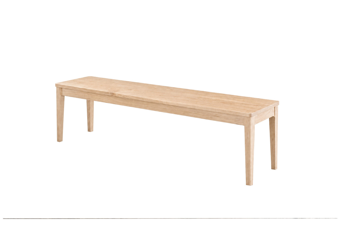 A light natural wood bench with a rectangular top and four tapered legs, shown on a plain white background.