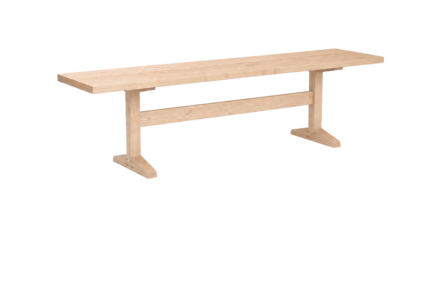 A light natural wood bench with a rectangular seat and two angled support legs connected by a horizontal stretcher bar, shown on a plain white background.