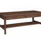 A dark brown wooden coffee table with a single drawer, a lower shelf, and a rectangular top, shown on a plain white background.