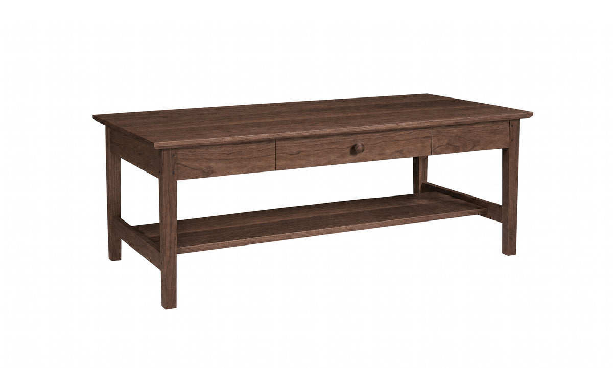 A dark brown wooden coffee table with a single drawer, a lower shelf, and a rectangular top, shown on a plain white background.