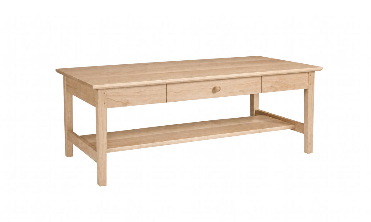 A light natural wood coffee table with a single drawer, a lower shelf, and a round wooden pull handle, shown on a plain white background.