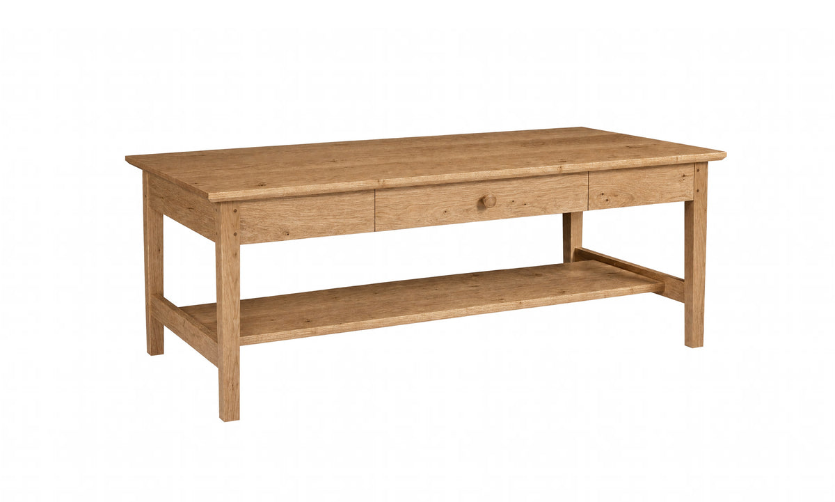 A light oak wood coffee table with two drawers on the top, an open lower shelf, and a natural wood grain finish, shown on a plain white background.