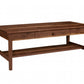 A dark brown wooden coffee table with a single drawer, a round metal pull handle, and an open lower shelf, shown on a plain white background.