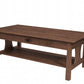 A dark brown wooden coffee table with a single drawer, an open lower shelf, and a rectangular top, shown on a plain white background.