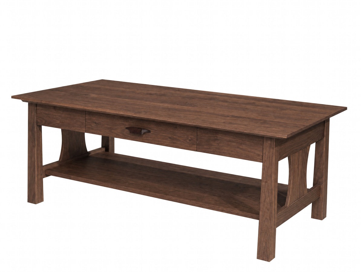 A dark brown wooden coffee table with a single drawer, an open lower shelf, and a rectangular top, shown on a plain white background.