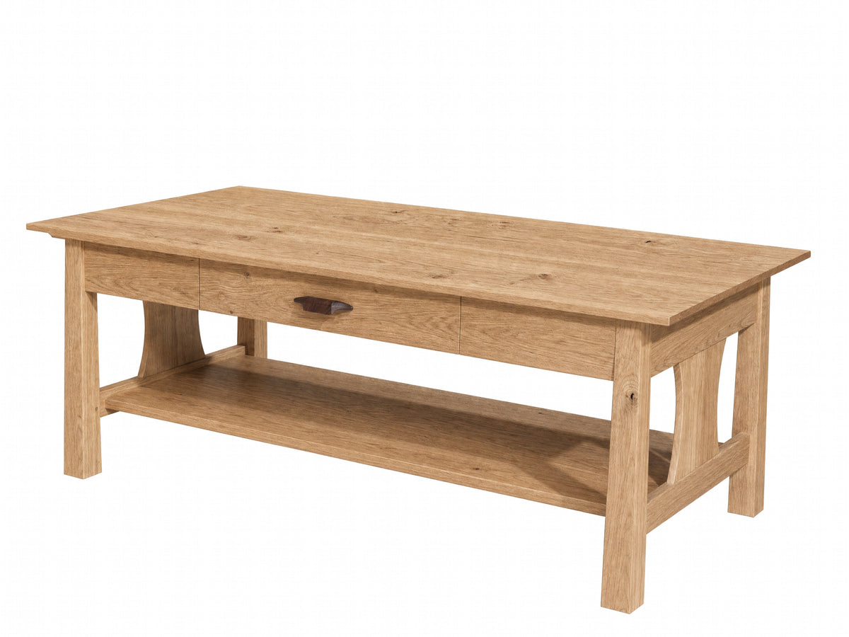 A light oak wood coffee table with a single drawer featuring a dark wood pull handle, an open lower shelf, and a rectangular top, shown on a plain white background.