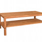 A rectangular wooden coffee table with a warm medium-brown finish, featuring a top surface and a lower shelf, isolated on a white background.