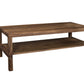 A rectangular wooden coffee table with a dark brown walnut finish, featuring a top surface and a lower shelf, isolated on a white background.