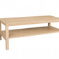 A light natural wood coffee table with two shelves, shown from a three-quarter angle on a solid white background.
