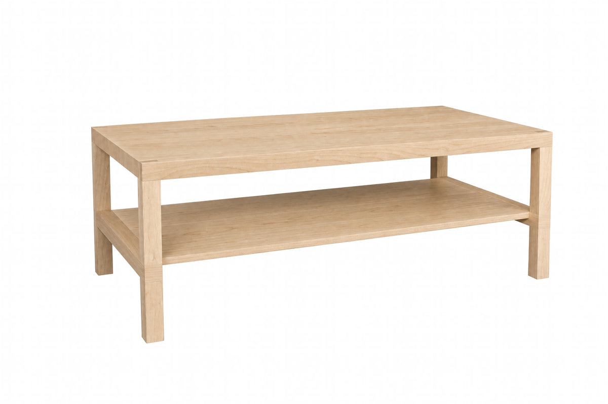 A light natural wood coffee table with two shelves, shown from a three-quarter angle on a solid white background.