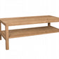 A rectangular wooden coffee table with a natural oak finish, featuring a top surface and a lower shelf, isolated on a white background.