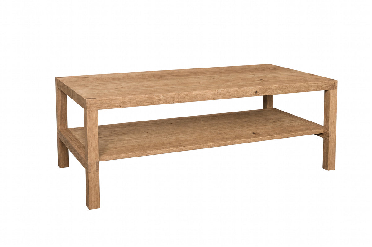A rectangular wooden coffee table with a natural oak finish, featuring a top surface and a lower shelf, isolated on a white background.