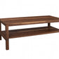 A rectangular wooden coffee table with a dark brown finish, featuring a top surface and a lower shelf, shown against a plain white background.