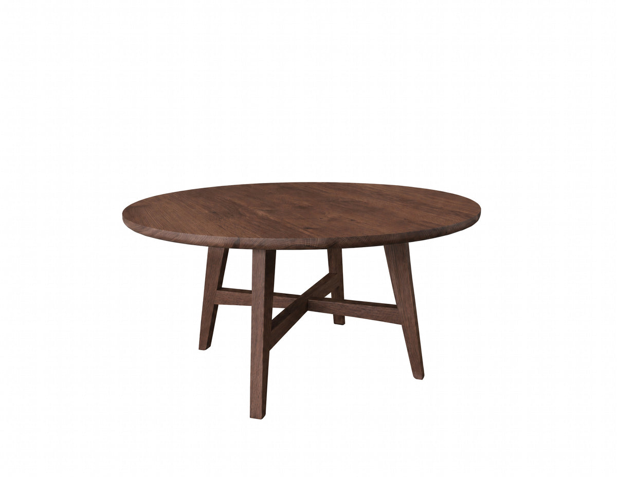 A round dark wooden coffee table with four angled legs connected by a central stretcher, shown on a plain white background.