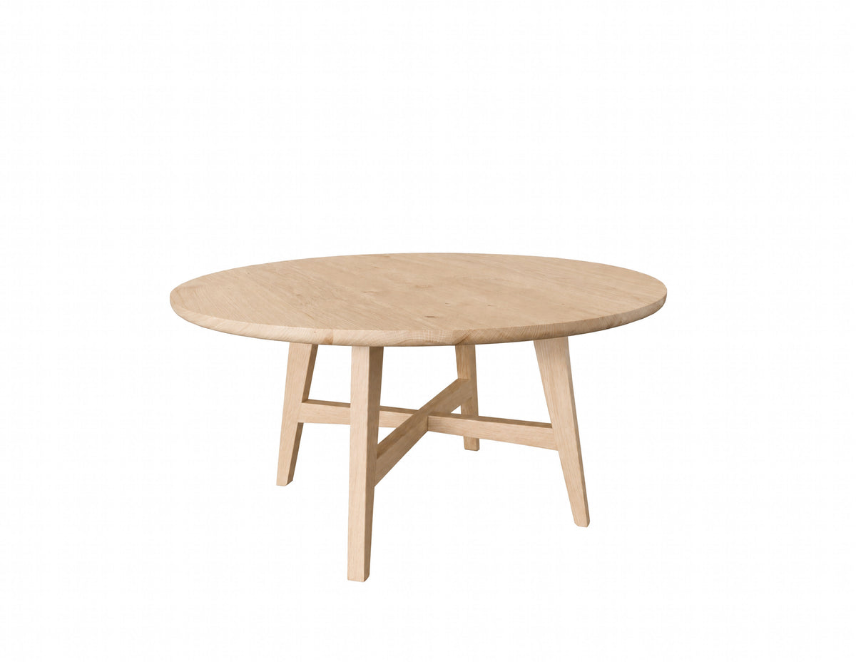 A round light Maple wood coffee table with tapered legs and a central crossbar, shown on a solid white background.