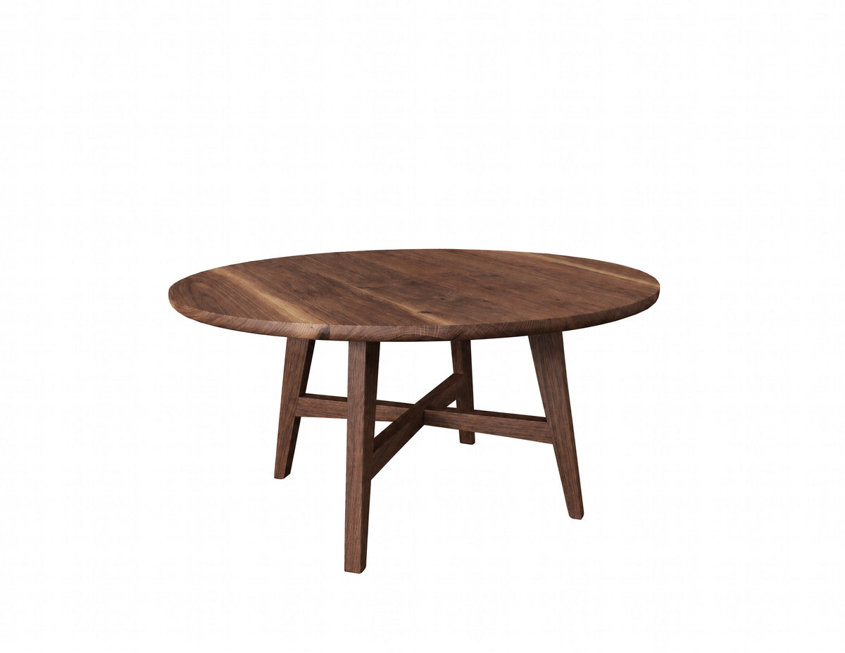 A round wooden coffee table with a medium brown finish and angled legs, shown on a plain white background.