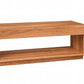 A modern wooden console table with a warm medium-brown finish, featuring a single drawer on top and an open lower shelf, shown on a plain white background.