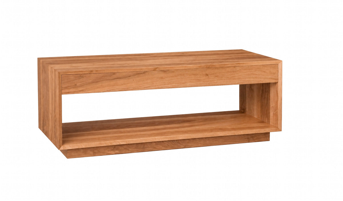 A modern wooden console table with a warm medium-brown finish, featuring a single drawer on top and an open lower shelf, shown on a plain white background.