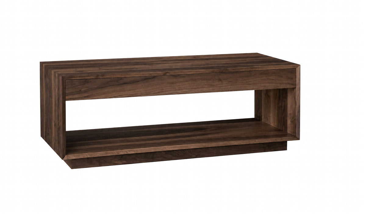 A modern low-profile coffee table with a dark brown wood grain finish, featuring a single drawer on the top and an open lower shelf, shown on a plain white background.
