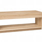 A modern, minimalist wooden storage bench with a light Maple finish, featuring a top surface, a central open shelf, and a lower tiered base, shown on a plain white background.