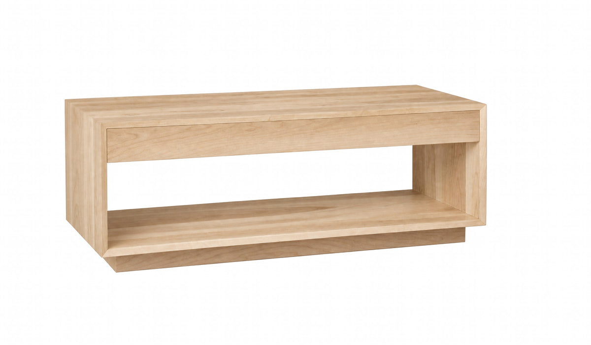 A modern, minimalist wooden storage bench with a light Maple finish, featuring a top surface, a central open shelf, and a lower tiered base, shown on a plain white background.