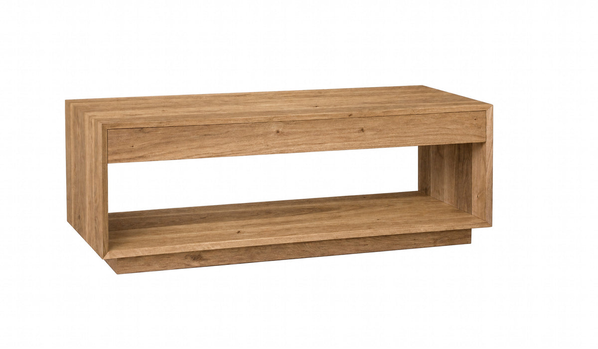 A modern low wooden coffee table with a single drawer and an open lower shelf, shown on a plain white background.