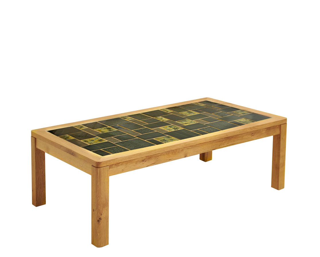 Wooden coffee table with a checkered green and brown top on a white background