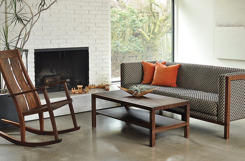 Celilo Sofa in Eastern Walnut with Celilo Coffee Table & Leon Rocker