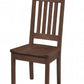 A dark brown wooden dining chair with a slatted backrest and a small drawer on the front apron, shown against a plain white background.