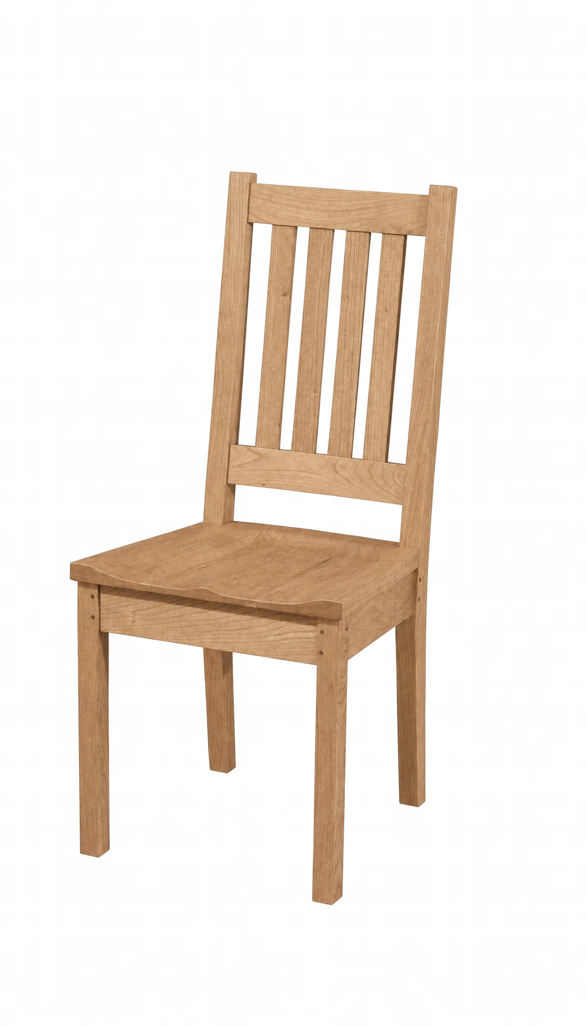 A light oak wood dining chair with a slatted backrest and a square seat, shown from a three-quarter angle on a white background.