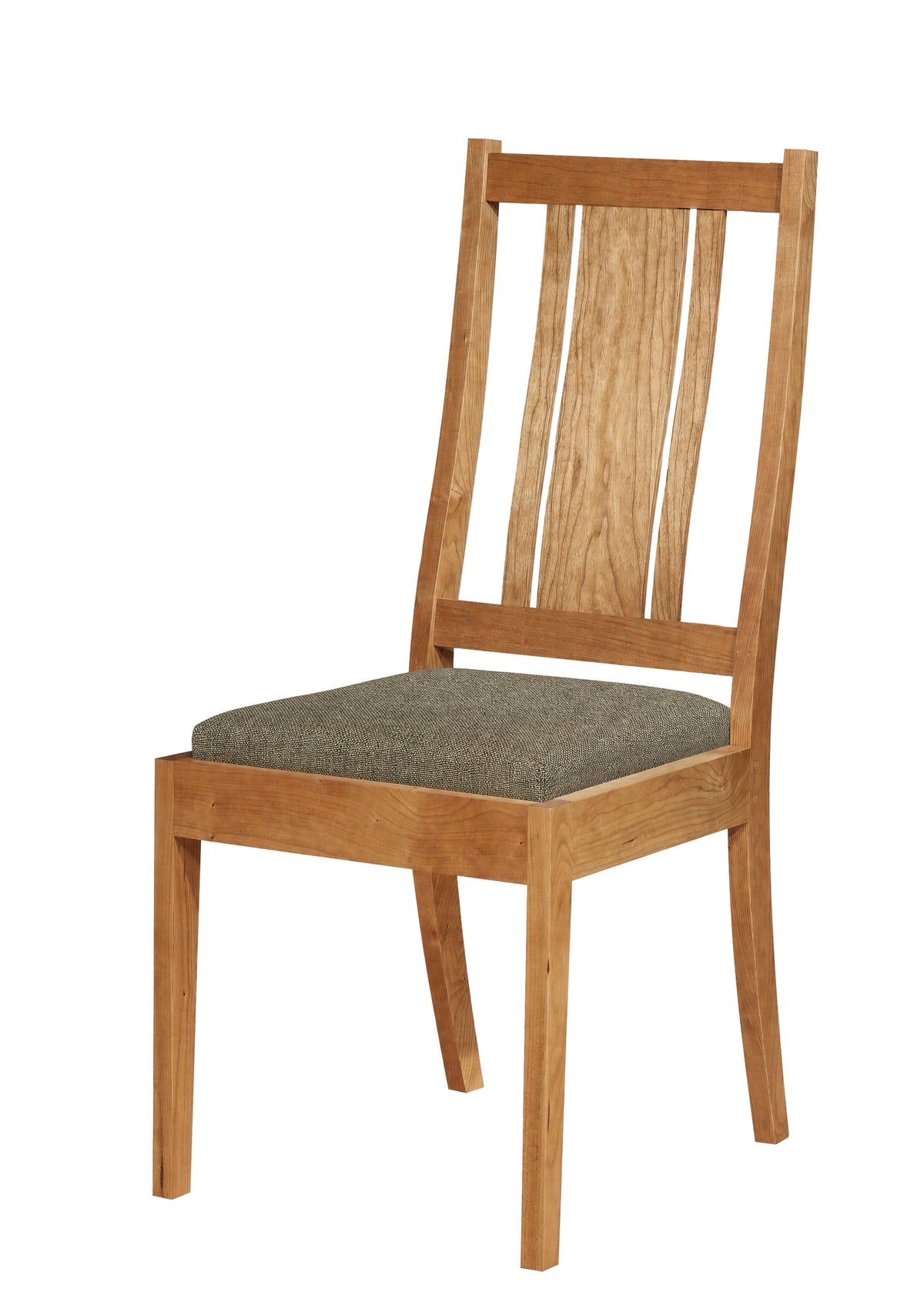 A wooden dining chair with a natural oak finish and a textured gray upholstered seat cushion, shown against a plain white background.