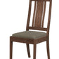A wooden dining chair with a dark brown wood frame and a textured gray upholstered seat cushion, shown against a plain white background.