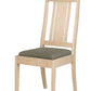 A light natural wood dining chair with a slatted backrest and a textured gray-green upholstered seat cushion, shown against a plain white background.