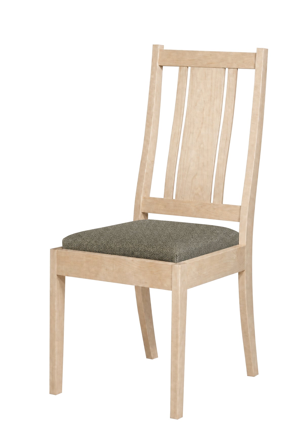 A light natural wood dining chair with a slatted backrest and a textured gray-green upholstered seat cushion, shown against a plain white background.