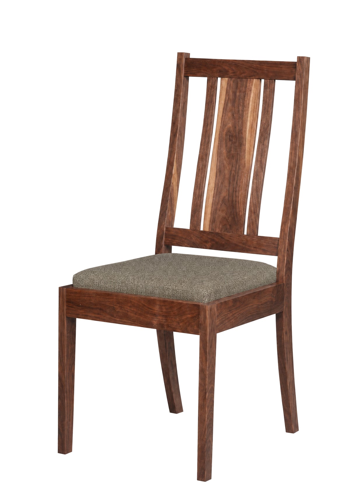A wooden dining chair with a medium brown wood frame and a textured gray upholstered seat cushion, shown against a plain white background.